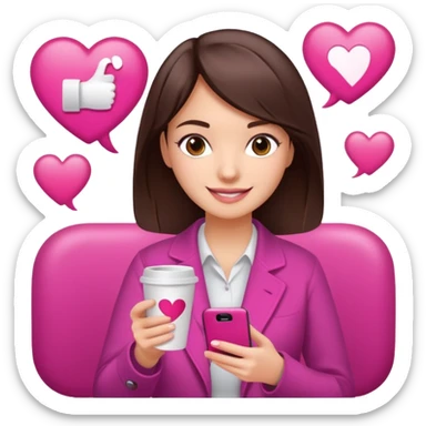 Social media manager. She has dark brown hair, brown eyes, a friendly smile. She is holding a smartphone and a coffee cup. Include subtle marketing elements like small icons of hashtags or a speech bubble with a heart, instagram logo. Use vibrant colors with a focus on pink and fuchsia tones. sticker