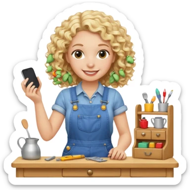 smiling blonde curly woman arranging furniture in doll house with overalls sticker