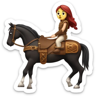 Caballo marrón de crines negras haciendo coma clásica con una amazona morena  sticker
