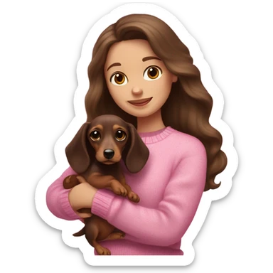 Brunette white girl with long wavy hair in a pink sweater holds a dark brown and cream dachshund long-haired puppy in her arms sticker