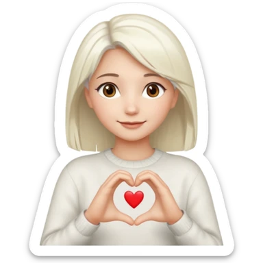 Beautiful girl. Platinum-colored hair just below the shoulders, straight, brown eyes, sweet smile. Hands in the shape of a heart. sticker