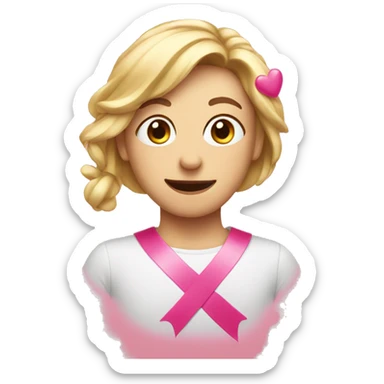 Emoji wearing pink ribbon with hearts surrounding sticker
