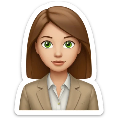 Adult woman avatar, light skin tone, oval face, straight long brown hair, green eyes, neutral mouth, business casual  sticker