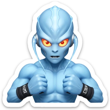 ice alien MMA fighter portrait, head and shoulders only, icy blue skin, frost aura, glowing cold eyes, combat gloves, 3D cartoon, mobile game icon style, clean background, no text, no watermark
 sticker