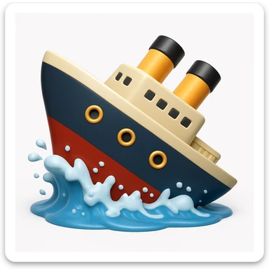 A 3D emoji in iOS emoji aesthetic style of a large ship sinking into the ocean, the front half already underwater while the back half tilts upward dramatically, surrounded by splashing waves and foam, soft realistic lighting, glossy Apple-style design, clean white background


 sticker