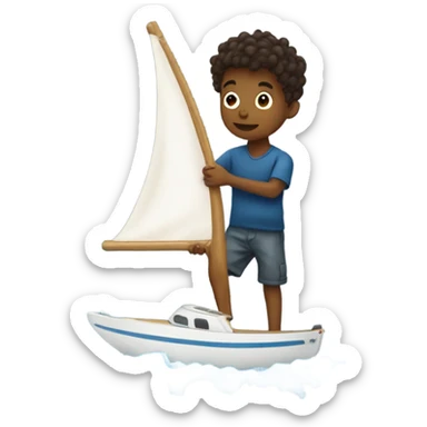 boy using hair dryer to dry sail of boat sticker