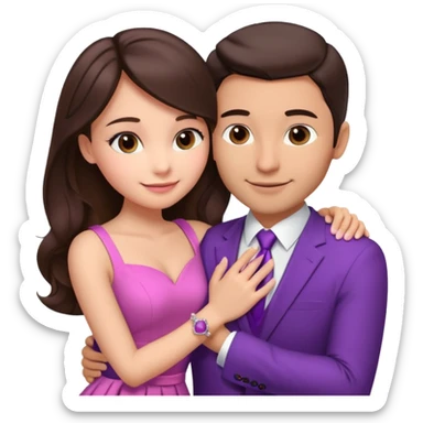 Brunette girl, with an engagement ring on her finger hugging a handsome man, (her boyfriend) both of them happy, she’s wearing a pink dress, he is wearing a suit, he’s also a rich businessman, and there is the 💜 purple heart emoji on top. They look in love with each other sticker