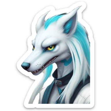 White badass elegant wild beautiful natural cute badass epic anthro modern albino sergal-vernid-creature with cyan mane with cyan edgy stripes, full body, blue pretty hair, outside, modern, aesthetic, art by LiLaiRa, art by art by Falvie sticker