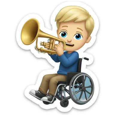 White Boy with dirty blonde hair and blue eyes in a wheelchair holding a trumpet sticker