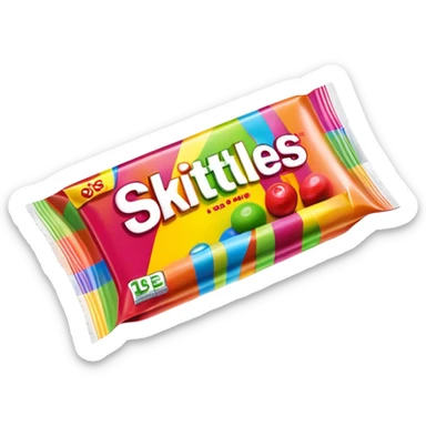 A damaged Skittles package repaired with strips of clear scotch tape, colorful packaging with rainbow colors, minimalist sticker