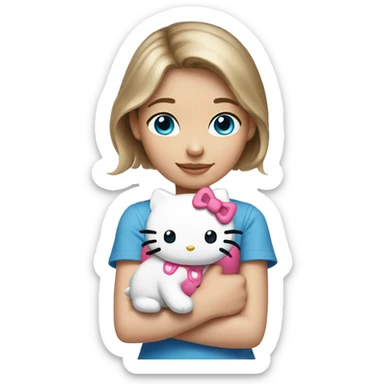 Girl with brown blond hair blue eyes holding a hello kitty  sticker