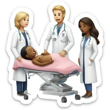 a woman gives birth and doctors stand nearby sticker