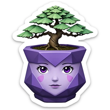  Earthenware small short squat cascading black green-violet bonsai pot plant purple hair-leaf pine tree with triangular angular polygonal faceted asymmetrical originally shaped pot sticker