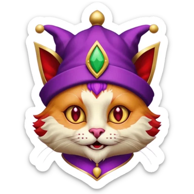 crazy colorful cute little cat jolly joker from poker, medieval, vintage, court jester, mac os icon, purple, gold and red color, head + torso. Squared shape as 3D mac os icon, symmetrical sticker