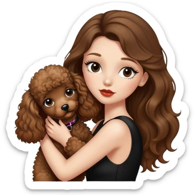 girl with long balayage hair and long lashes, wearing black halterneck top, and holding and kissing a brown poodle sticker