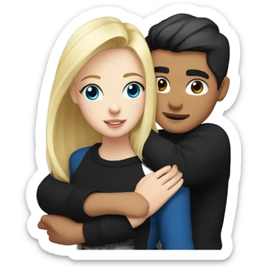 Blonde girl with blue eyes in black sweater and an east asian man with black hair and black eyes hugging sticker
