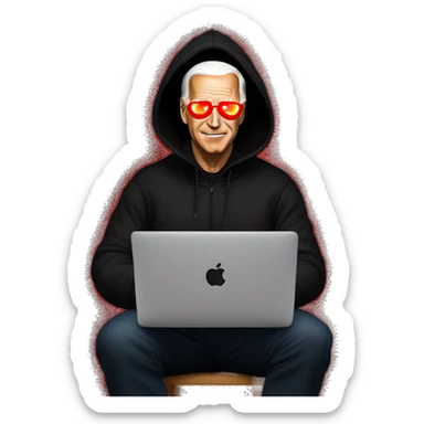 joe biden in a black hoodie with bright red glowing laser eyes typing on a macbook, joe biden, black hoodie, bright red glowing eyes, typing on macbook sticker