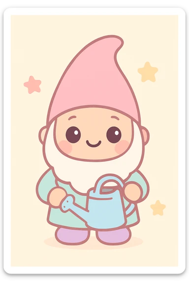 cute garden gnome, holding a watering can, kawaii style, adorable, colorful, charming sticker