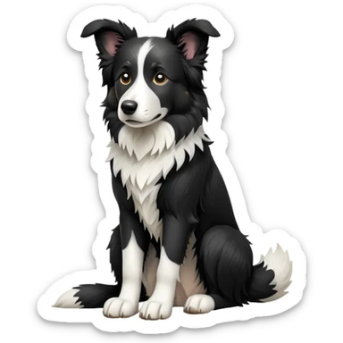 cinematic-[border collie dog]-realistic-full-body-sitting-emoji,-tail-resting-loosely-beside-its-paws,-head-tilted-dramatically,-scruffy-[black and white]-fur,-simplified-yet-realistic-focused-features,-highly-detailed,-glowing-with-an-almost-sarcastic-glow sticker