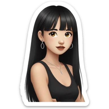 Korean girl, black tank top, black hair, black eyes, layered hair, cool girl, aesthetic, long hair, hime cut, blunt bangs, small silver hoop earrings sticker