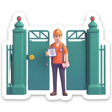 person with a whistle and clipboard standing in front of a closed gate, blocking entry sticker