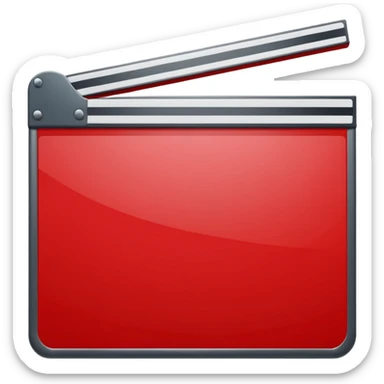 Glossy bright red clapperboard in the classic style of Apple icons: the top bar is tilted up-left, the body and bar with a deep glossy glare, dark gray edging, black background inside, perfectly square with rounded corners. sticker