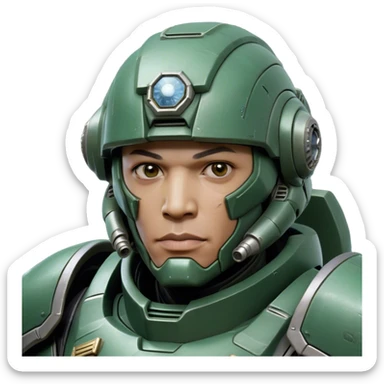 Cinematic Realistic StarCraft Terran Marine Portrait, head tilted dramatically with an exaggeratedly amused expression, blending futuristic grit with a hint of unexpected humor. His steely gaze and determined features, set against intricately detailed tactical armor in dark green and grey, are rendered with lifelike texture and dynamic lighting, high shine, dramatic yet whimsical, capturing the essence of a Terran Marine whose epic strength is accompanied by a playful edge. sticker