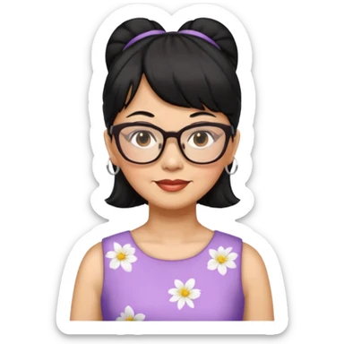 filipino woman black hair in one pony tail with straight bangs and big glasses, 60 yr old, nice dress

 sticker