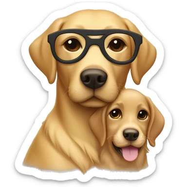 Golden Labrador retriever cuddles with a girl with brown hair, glasses and a nose piercing sticker