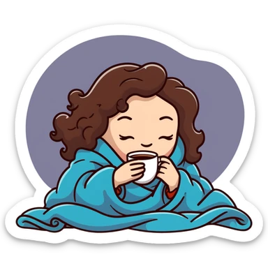 White girl with curly brunette hair inside a blanket sipping coffee with eyes closed, cozy winter morning sticker