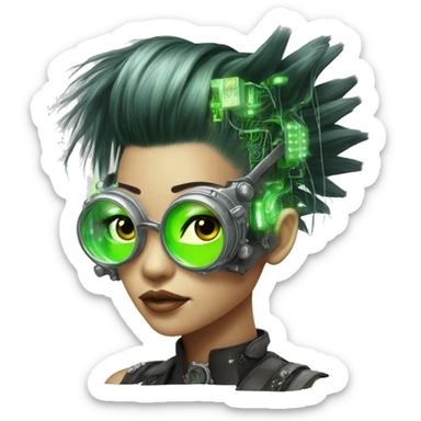 Neon green Mohawk hair Asian female cyborg head with silver steampunk goggles and circuits sticker