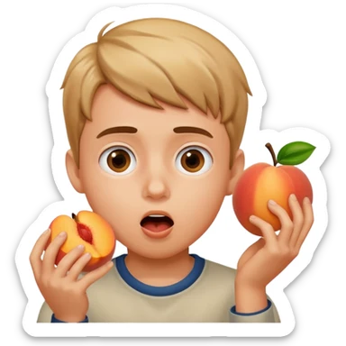Boy eating a peach while he is surprised sticker