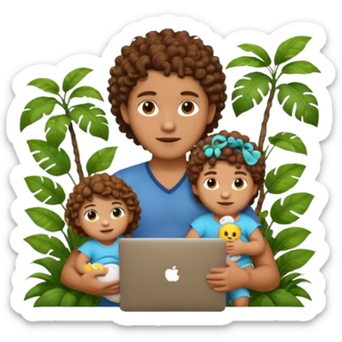 a guy with curly hair in the middle of the jungle holding a baby doll and a laptop, emoji style, more focus on the laptop sticker