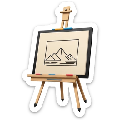 Minimalistic flat vector icon, iOS style, thin black contour on white background. Easel holding a canvas with simple sketch lines, pencil beside it. No text, no shadows sticker