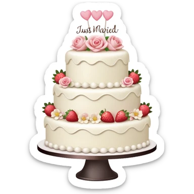 white wedding cake with strawberries, pink roses, 'Just Married' topper sticker
