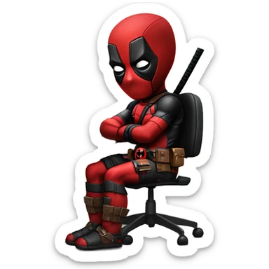 Cute Deadpool sitting at a desk, front view sticker
