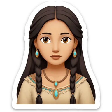 Cinematic Serene Pocahontas Portrait Emoji, rendered in a realistic, simplified vector style. Depict a gentle Pocahontas (chest and above) with warm, glowing skin, loosely flowing dark hair, and a calm, reflective expression, wearing modest traditional attire in earthy hues. The image is bathed in a soft, inviting glow with high shine and a soft glowing outline. sticker