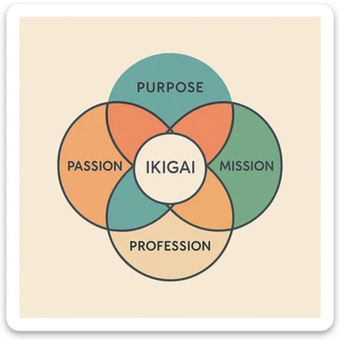 Ikigai concept visualized as a harmonious, balanced symbol, incorporating elements of purpose, passion, mission, vocation, and profession, in a modern, calming style sticker