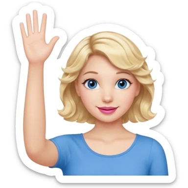 Girl Blonde short wavy hair,  blue eyes, cute blue top, long lashes, pink lips, waving hello  sticker