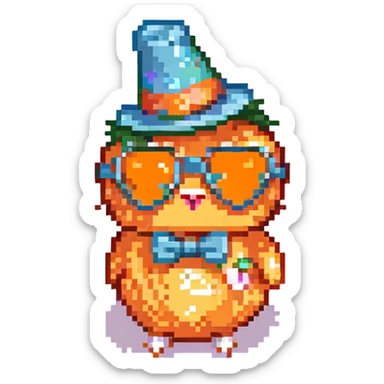 Add sunglasses, a party hat, and a bow tie to the orange heart. Keep the retro and vibrant pixel art style with no background as in the reference image. sticker