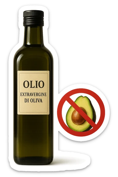 BOTTIGLIA DI OLIO EVO CON LA SCRITTA "OLIO EXTRAVERGINE DI OLIVA" SULL'ETICHETTA E AVOCADO CON DIVIETO SOPRA,  iperrealistico 4k sticker