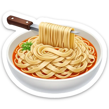 Shanxi knife-cut noodles with irregular thick shape being sliced, simplified emoji style with bold outlines and bright colors, cartoon style traditional Dao Xiao Mian sticker