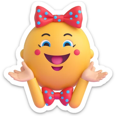 3D smiley emoji, large eyelashes, red polka dot bow, waving with two hands, laughing, blue eyes, cute style sticker