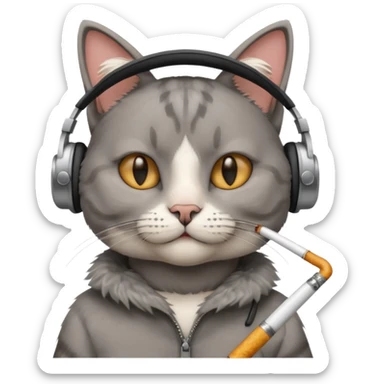 cat in headphones with a cigarette in his hand  sticker