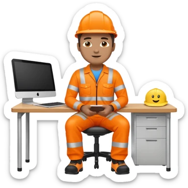 full body man in orange high visibility workwear seated at a desk, emoji style sticker