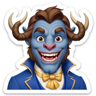 Beast from Beauty and the Beast with human mouth smiling, gentler expression, blue formal outfit sticker