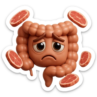 emoji stile iphone in 3d di un intestino triste con fette di carne che gli fluttuano intorno, gli occhi falli con la parte bianca pure, iperrealistico 4k sticker