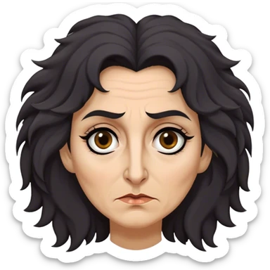 Mirri Maz Duur is a weathered, age 50 woman with deep-set dark eyes, high cheekbones, and a sharp nose, giving her a stern, knowing expression. Her long, unkempt dark frizzy hair  falls loosely over her shoulders sticker