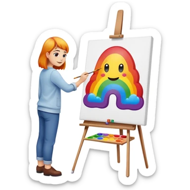 artist painting a rainbow poop emoji on an easel sticker