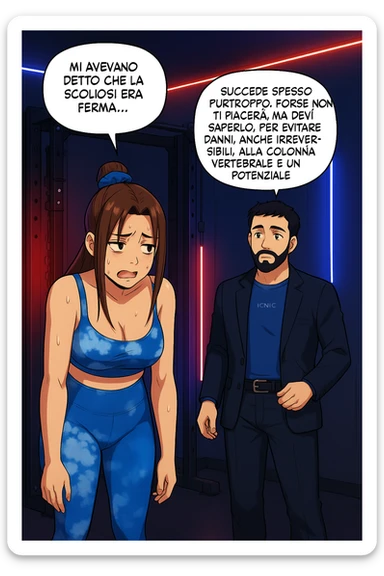 fai questa immagine in versione fumetto/manga/webtoon a colori, il manga mostra l'uomo che risponde alla donne:
Succede spesso purtroppo. 
Forse non ti piacerà ma devi saperlo, per evitare danni, anche irreversibili, alla colonna vertebrale e un potenziale intervento chirurgico. sticker
